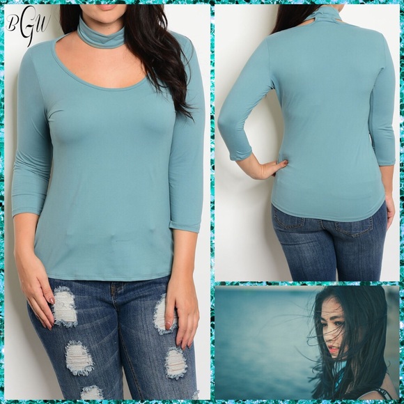Zenobia Tops - Adorable Teal Plus Choker Fitted Top